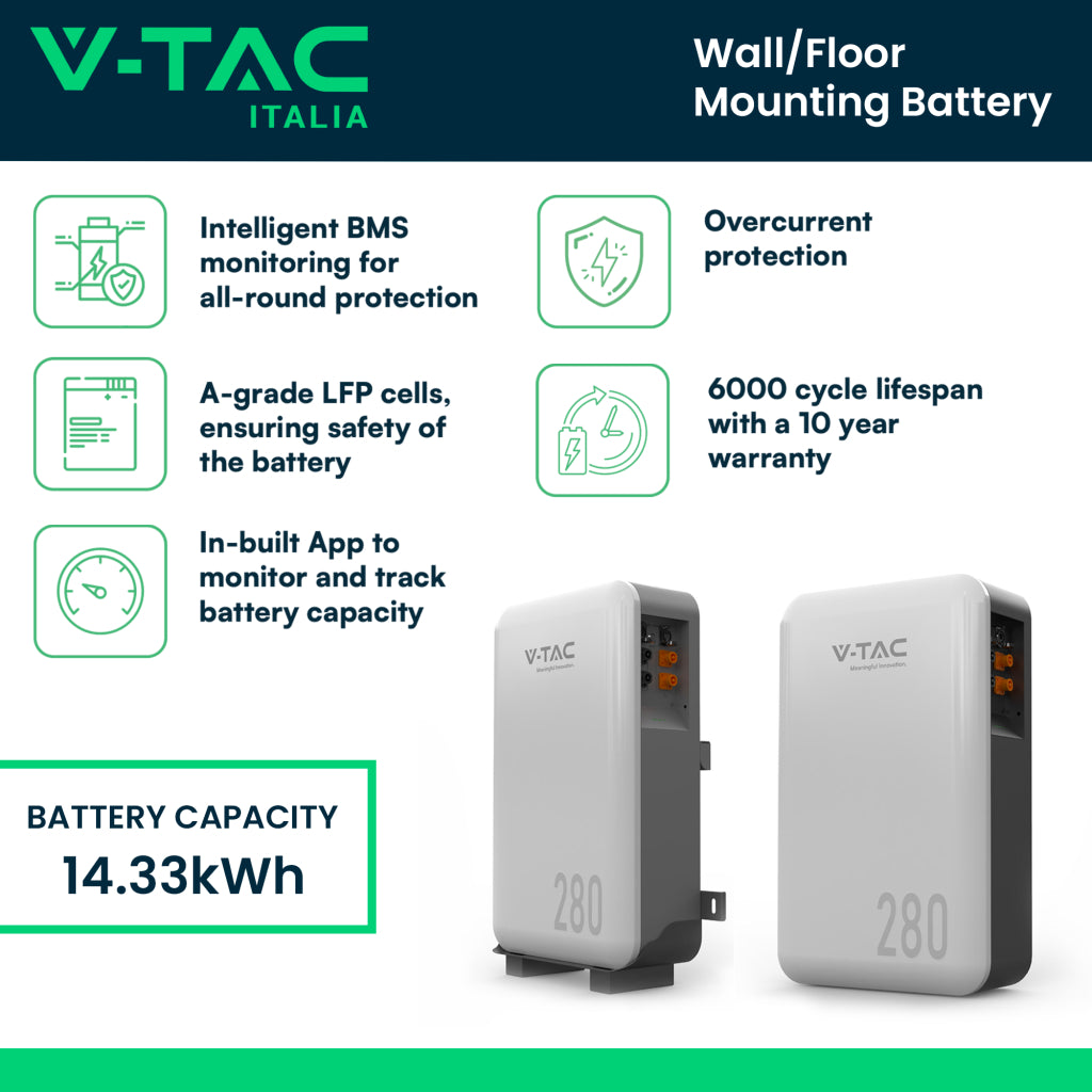 V-TAC Batteria di Accumulo 14.33kWh al Litio-Ferro-Fosfato LiFePO4 BMS Integrato per Inverter Fotovoltaici CEI 0-21 51.2V 280Ah IP65 Garanzia 10 Anni V-TAC Batteria di Accumulo 14.33kWh al Litio-Ferro-Fosfato LiFePO4 BMS Integrato per Inverter Fotovoltaici CEI 0-21 51.2V 280Ah IP65 Garanzia 10 Anni